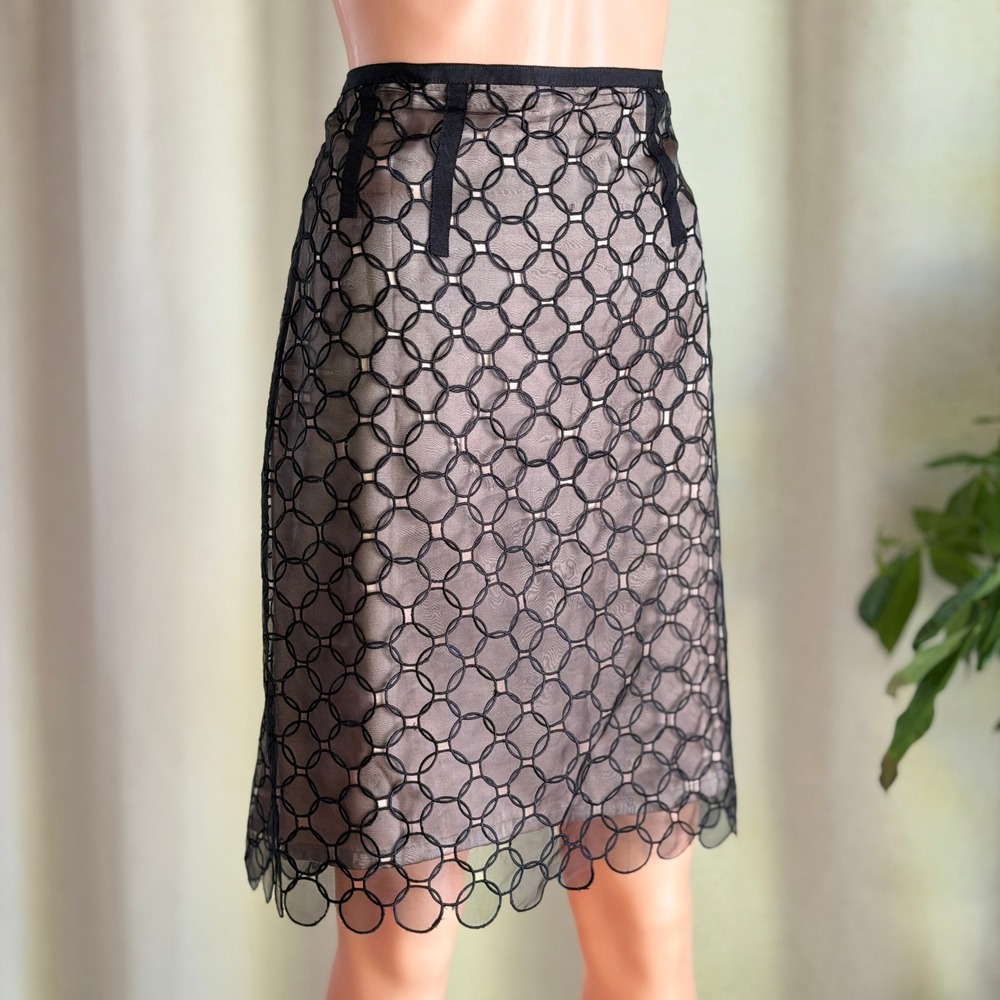 BCBGMAXAZRIA Silk Pencil Skirt Black Champagne Geometric Mesh Scalloped Y2K‎ 6